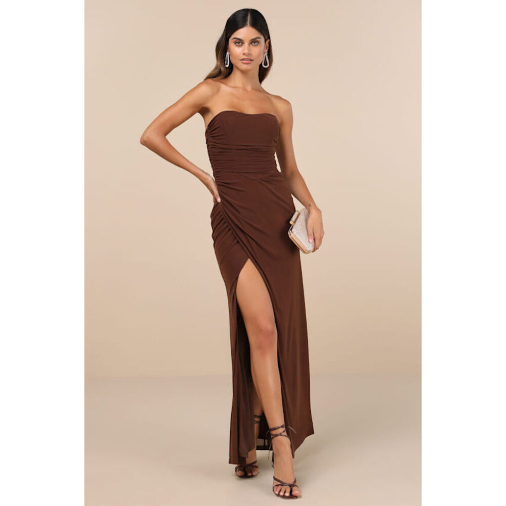 Lulus Epitome Of Allure Brown Mesh Strapless Ruched Maxi Dress - Size M